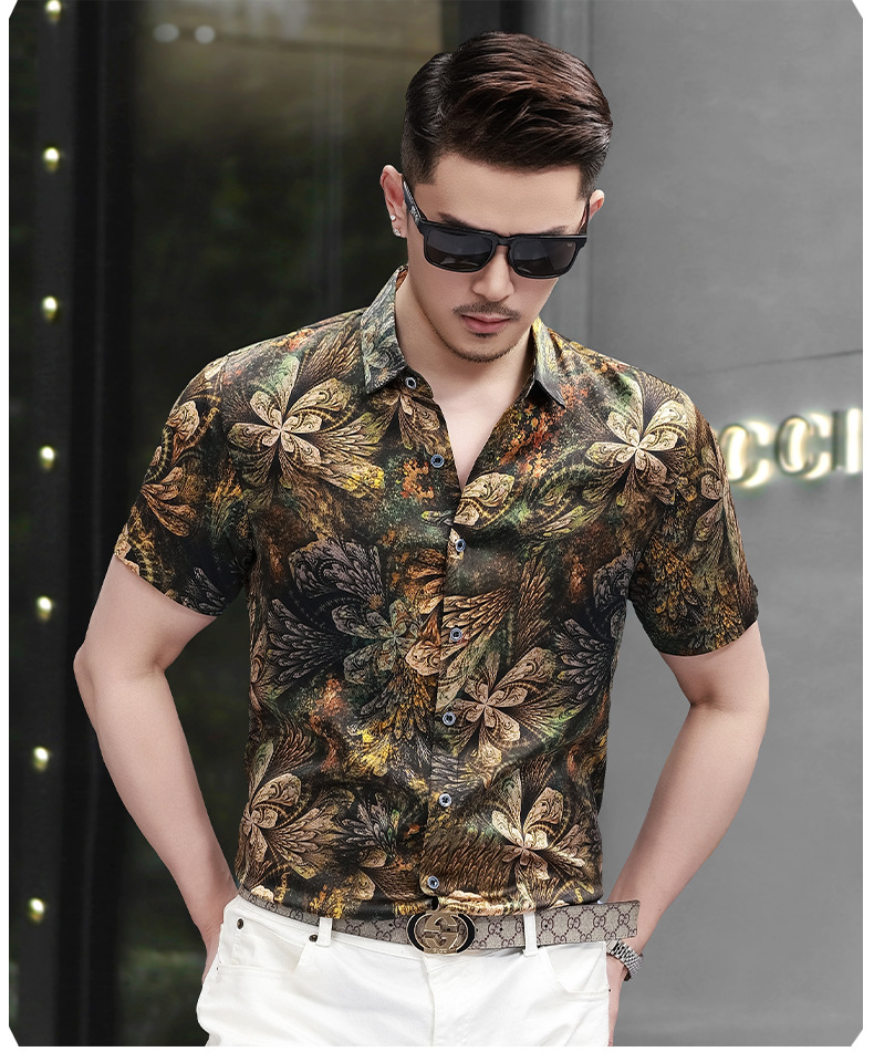 Áo sơ mi nam tay ngắn lụa satin in hoa cao cấp mùa hè — Màu hình 5316 chi tiết 10