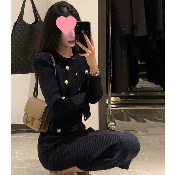 小香风套装女秋春季质名媛御姐风高级感黑色针织连衣裙两件套裙子|undefined