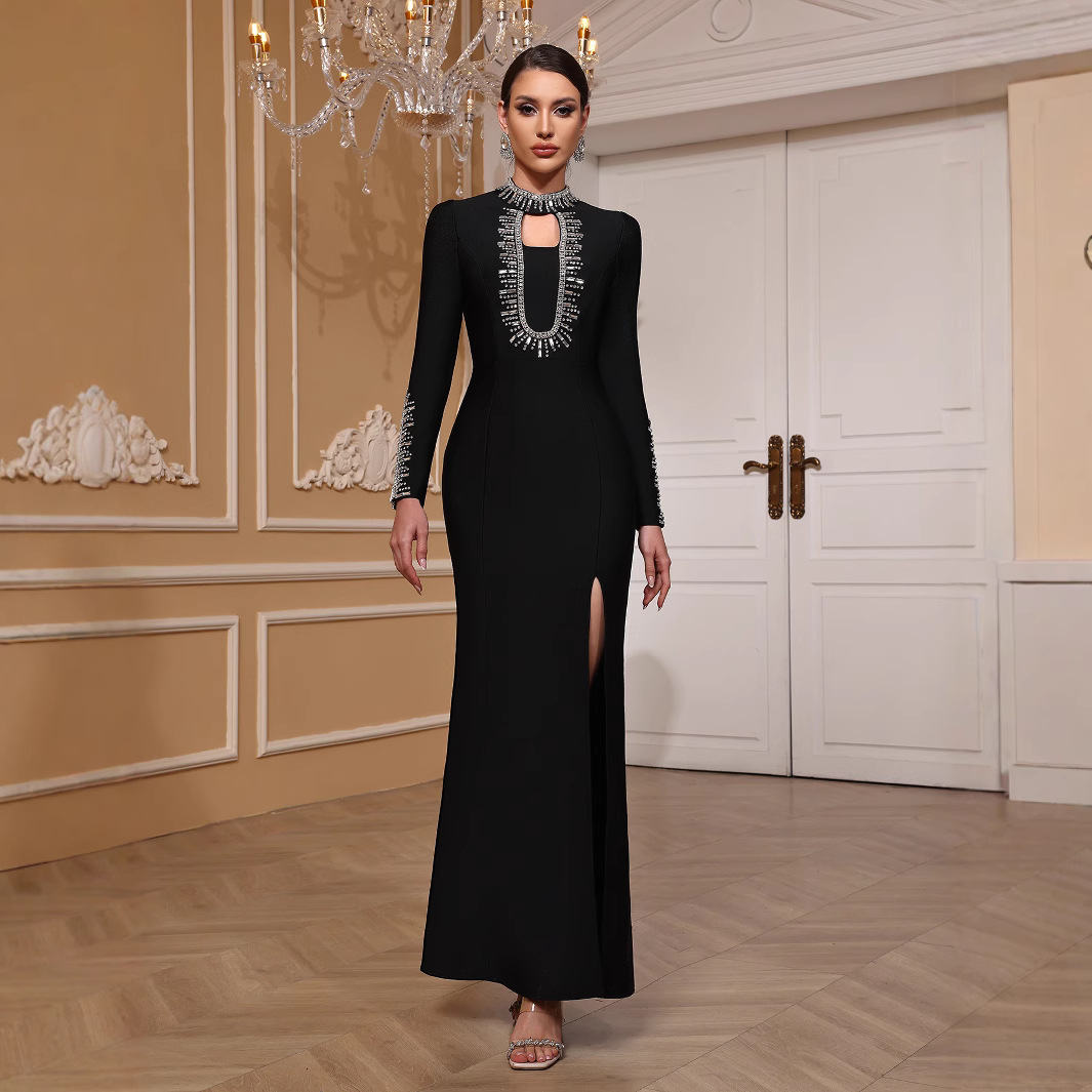 Cross Border Black Long Sleeve Slim Evening Dress Heavy Industry Beaded High Split Bandage Dinner Party Ball dress