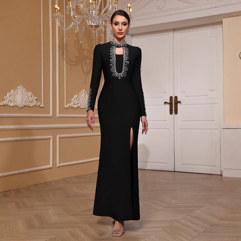 Cross Border Black Long Sleeve Slim Evening Dress Heavy Industry Beaded High Split Bandage Dinner Party Ball dress Cross Border Black Long Sleeve Slim Evening Dress Heavy Industry Beaded High Split Bandage Dinner Party Ball dress