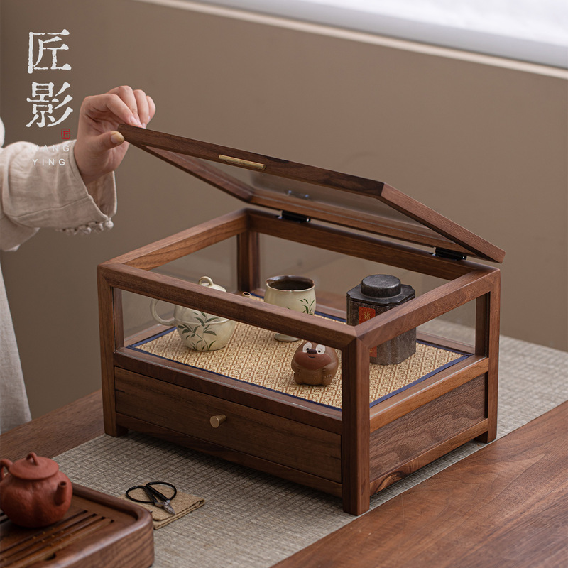 胡桃木茶具收纳柜家用高档防尘柜玻璃柜储物柜展示柜置物架收纳盒|undefined