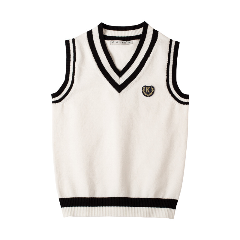British Children's Knitted Vest Autumn and Winter Big Children's Cotton Pullover Sweater Vest V-Neck College Style Children's Vest with Velvet