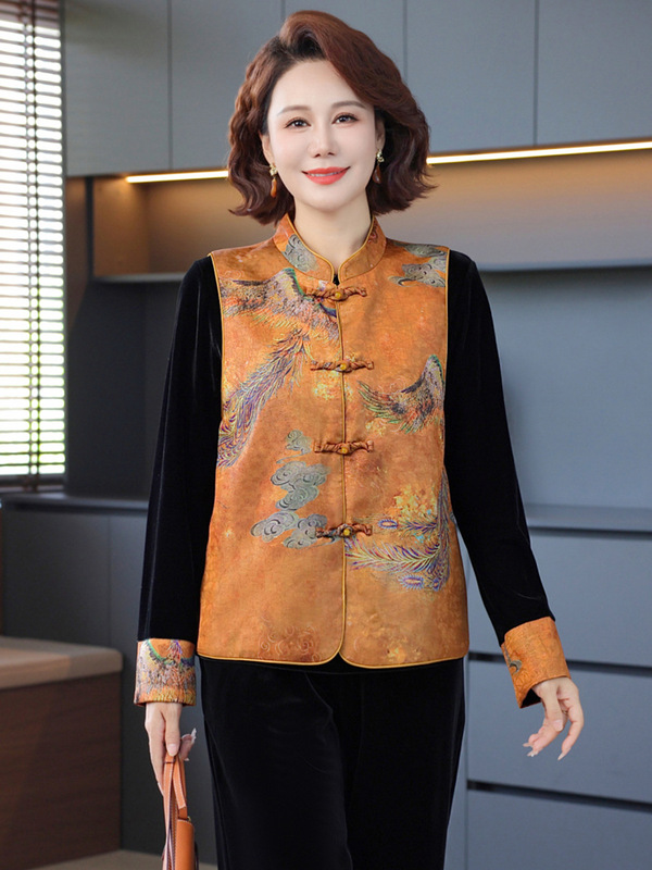 新中式妈妈秋装金丝绒套装2025新款中老年女春秋中国风马甲三件套|undefined