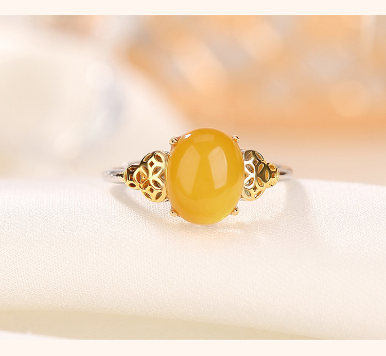 Nhẫn mặt trứng đồng xu sáp ong mạ vàng bạc Yilu S925 phong cách dân tộc — Mở (một kích thước) chi tiết 4