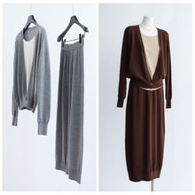 桑蚕丝羊毛混纺假两件V领长袖针织衫+OP半身裙中长裙秋冬两件套装