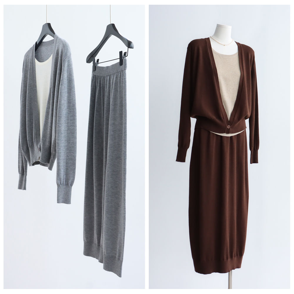 桑蚕丝羊毛混纺假两件V领长袖针织衫+OP半身裙中长裙秋冬两件套装