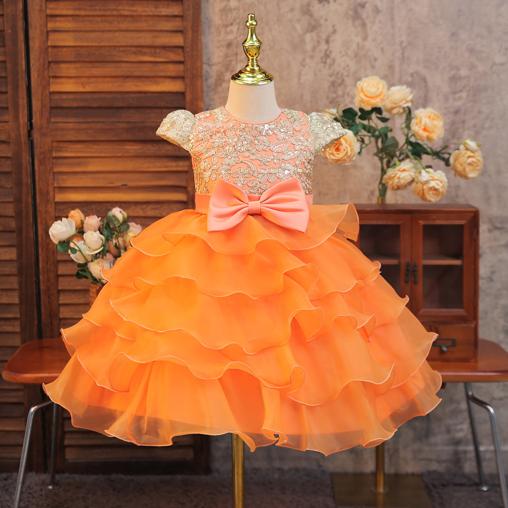 Vestido de niños pastel de arco bordado pequeño anfitrión oganza vestido de boda de chicas