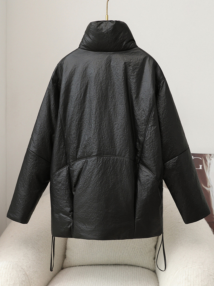 Chaqueta de plumón de piel de oveja con nuevo patrón de piedra 2025 para mujer, chaqueta cálida y gruesa de plumón de ganso de longitud media para mujer