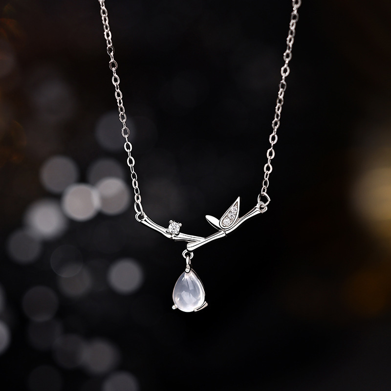 Bamboo retro ethnic necklace white jade drop-shaped