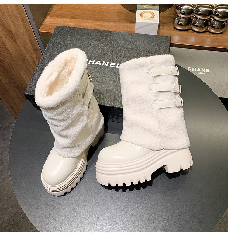 Giày boot nữ cổ thấp đế dày lông ấm khóa thắt lưng — Trắng nhạt 15CM chi tiết 18