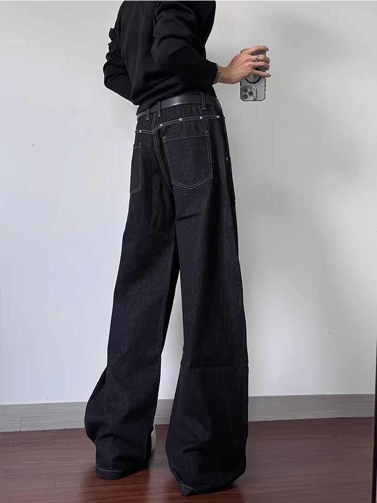 Men's Style Turquoise Studded Silhouette Black Raw Denim Flared Jeans Straight Leg Mid Waist Long Slight Stretch_voghion.com