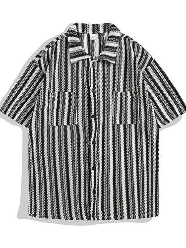 American Retro Striped Short-Sleeve Shirt Men's Summer Streetwear Brand High Street Casual Colorblock Knit Cardigan Sweatshirt