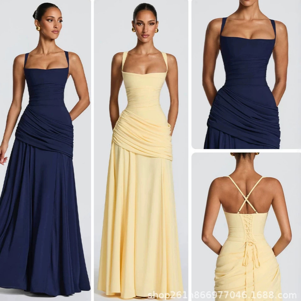 European and American 2026 Spring/Summer New Cross-Border Women's Fashion Elegant Solid Color Sleeveless Waist-Cinching Flared Strap Dress for Women