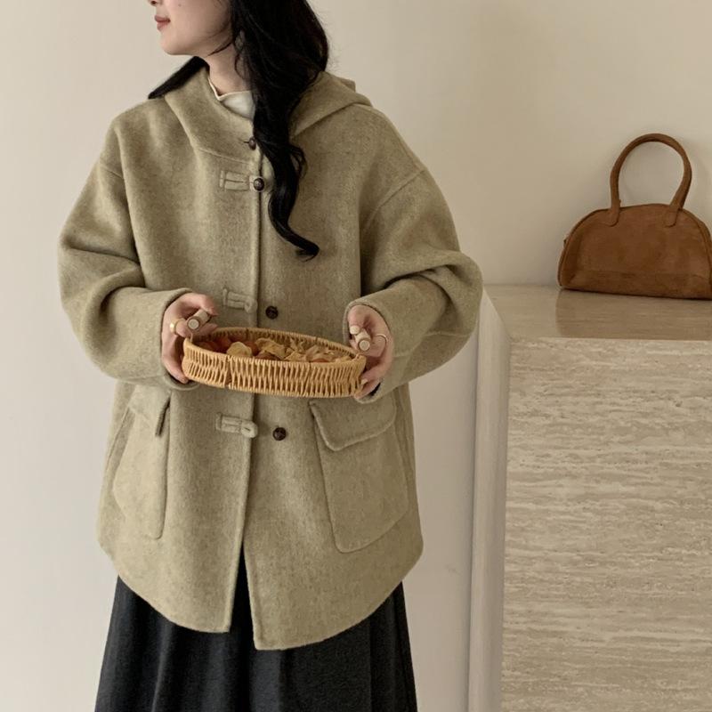 2025 New Autumn and Winter Double-Sided Cashmere Outwear Loose Women's Buttoned Hooded Mid-Length Woolen Outwear for Small People