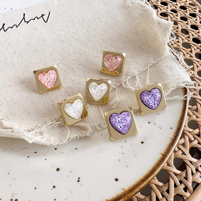 Retro girl transparent cute color sequins heart shaped square sweet alloy earringspicture1