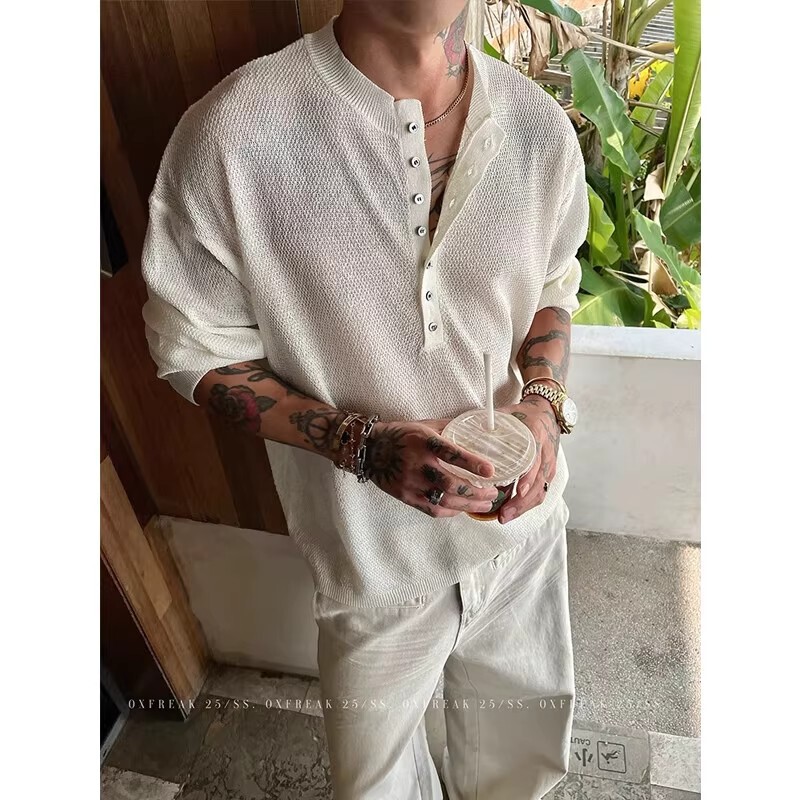 Old Money Style Cut Out Henley Collar Sun Protection Long-Sleeved T-Shirt Men's Autum Cleanfit Light and Breathable Linen Bottoming Shirt