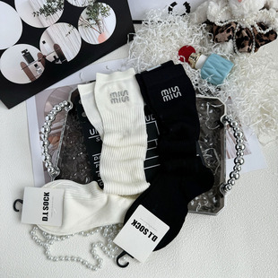 Miu-Style Calf Slouch Socks Spring and Summer Thin Breathable Letter Fairy Socks Women's Trendy Internet Celebrity Long Tube Socks