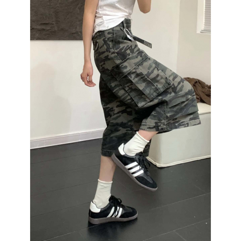 2025 American Hot Girl Camouflage Workwear Capri Pants Women's Summer High Waist Multi-Pocket Loose Straight-Leg Wide Leg Medium Pants Trendy