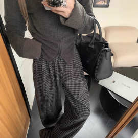复古宽松格子休闲裤慵懒风阔腿裤女冬季高腰毛呢直筒裤拖地裤长裤