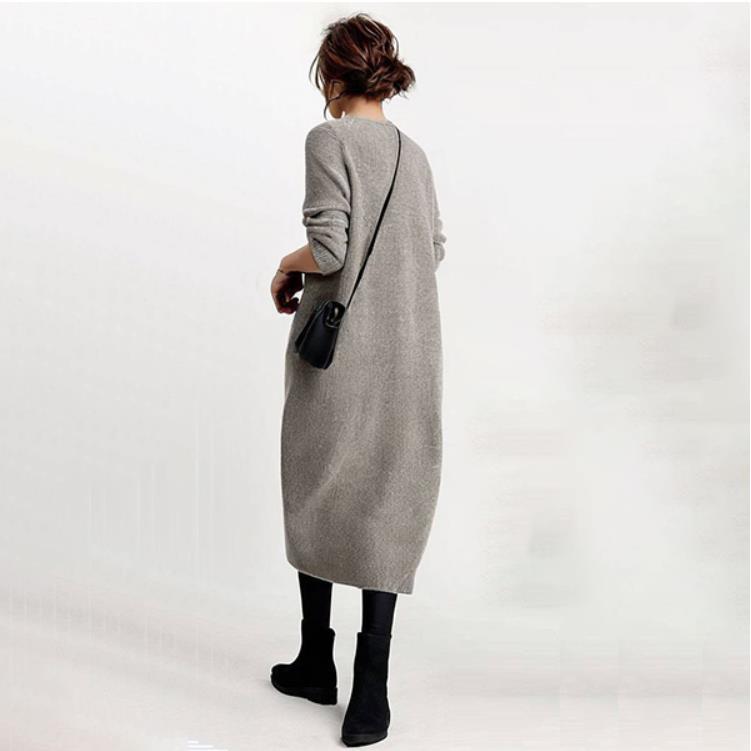 現物日系2025春の新型純色丸首ニット大ポケットワンピース女性