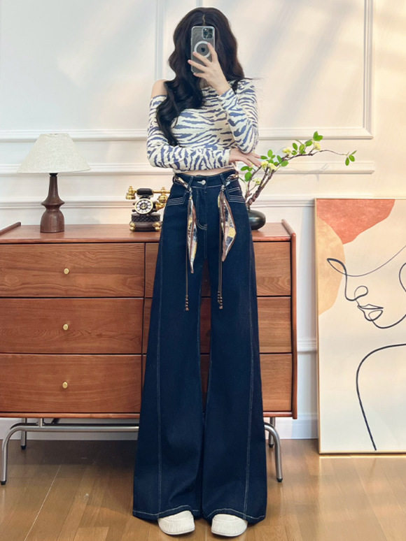 Quần jean nữ ống loe cạp cao co giãn, denim lót lông cừu mùa đông — Màu xanh vàng đen kéo dài, Quần xanh đen vàng, Retro màu xanh chín điểm, Vàng đen xanh chín điểm