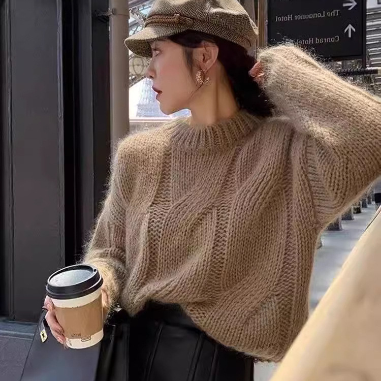 慵懒风麻花毛衣女冬韩式上衣长袖宽松显瘦圆领套头针织打底衫百搭|undefined