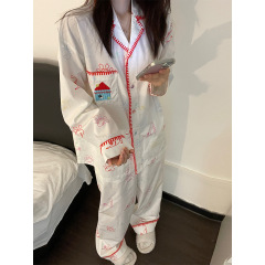 韩版设计感印花长袖睡衣女秋季2025新款休闲拼色可外穿家居服套装