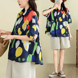 2024年夏季新款韩版文艺宽松手绘涂鸦口袋短袖衬衫上衣女