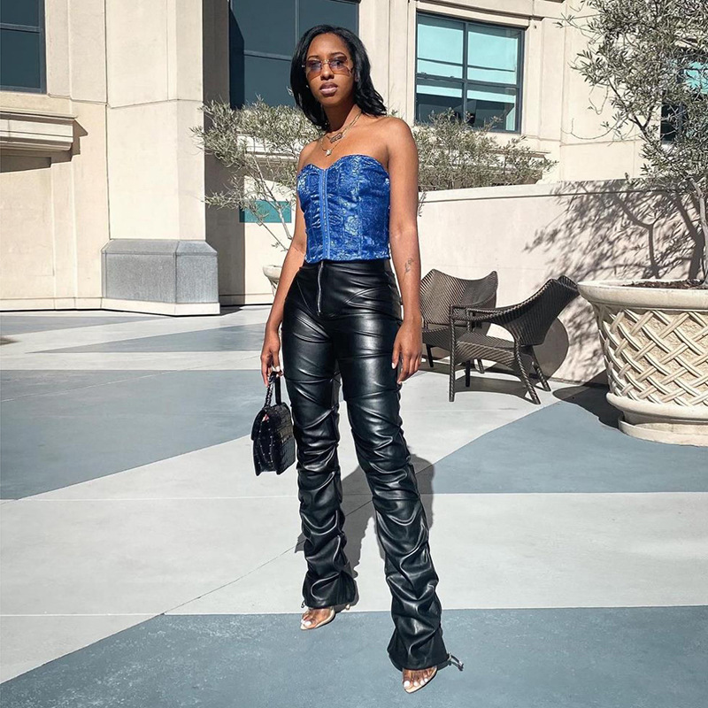 High Waist Pleated Slim Beam Feet Pu Leather Trousers NSYOM111866