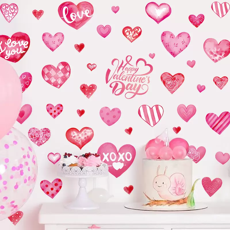 TEMU新款情人节窗贴节日爱心水彩风love少女卧室墙贴家居装饰贴饰