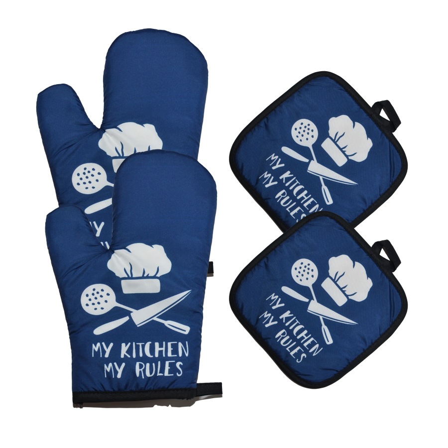新款厨房涤纶印花微波炉烘焙手套隔热垫套装耐高温烤箱防烫手套4
