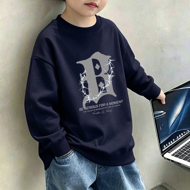 Genius Whale Boys' Spring and Autumn Thin Sweatshirt, New Style, Round Neck Base Layer, Children's Autumn and Winter Pullover Top