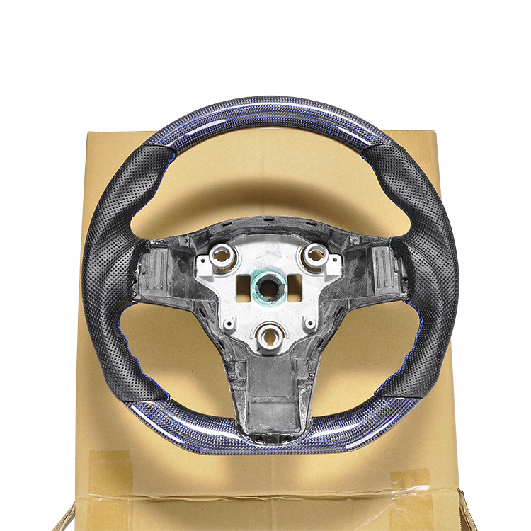 100% Real Carbon Fiber Forged Steering Wheel with Black Perforated Leather and Blue Stitching - For Tesla Model Y - Modification