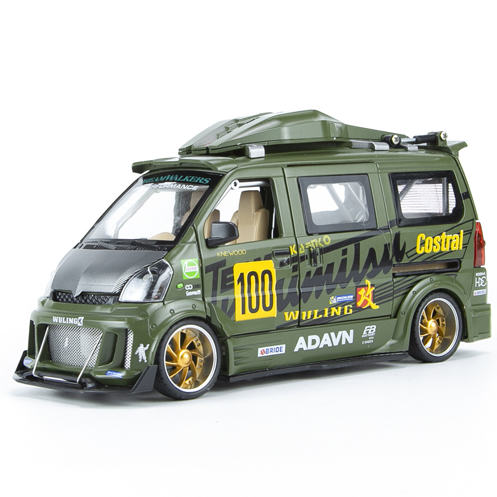 Modelo de coche de aleación Welly 1:24 Wuling Van versión modificada con sonido y luz, juguete de retroceso, modelo de coche para niños, adorno.