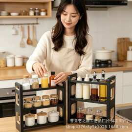 新款置物架调料收纳架台面油盐醋储物架铁木结合整理架三层收纳架
