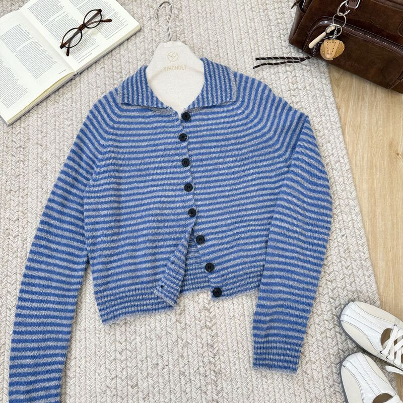 Vintage-Style Color-Block Striped Fluffy Short-Sleeve Wool Slim-Fit Knit Cardigan for Women