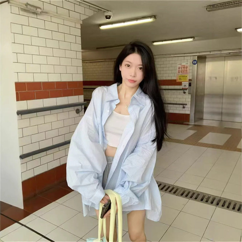 Lazy Style Striped Shirt for Women, Summer Loose Mid-Length Sun Protection Cardigan, Lapel Casual Shirt Jacket Lazy Style Striped Shirt for Women, Summer Loose Mid-Length Sun Protection Cardigan, Lapel Casual Shirt Jacket