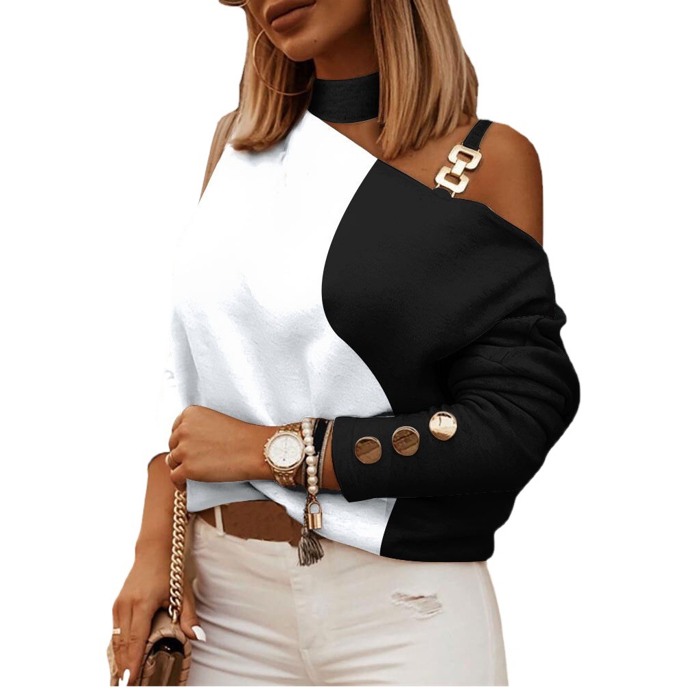 2022 estación independiente deseo Amazon popular Otoño e Invierno de manga larga cadena Halter impreso botón decorativo superior para las mujeres image 1