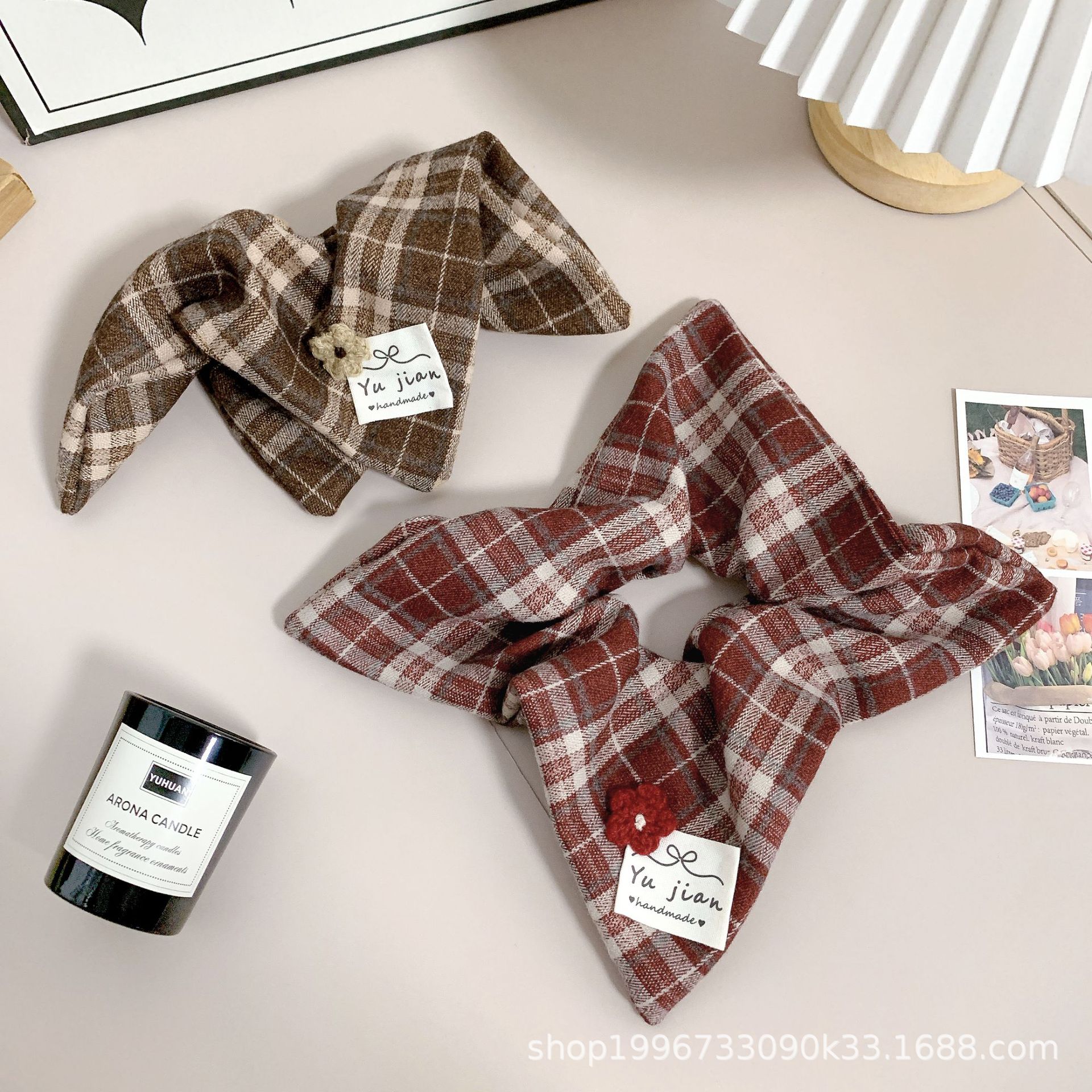 復古學院風格子方巾大腸發圈韓系秋冬氣質頭花少女方形高級感髮飾