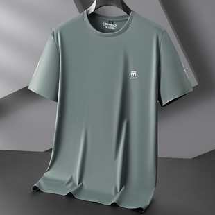 2025 New High Elastic Sports Short-Sleeved T-Shirt Men's Large Size Summer Ice Silk Cool Top T-Shirt