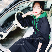 實拍黑色連帽連衣裙女秋季新款今年韓系流行設計感小眾長款衛衣裙