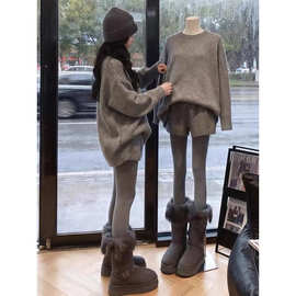 韩系慵懒风软糯简约长袖针织衫女超好看的高腰休闲显瘦短裤两件套
