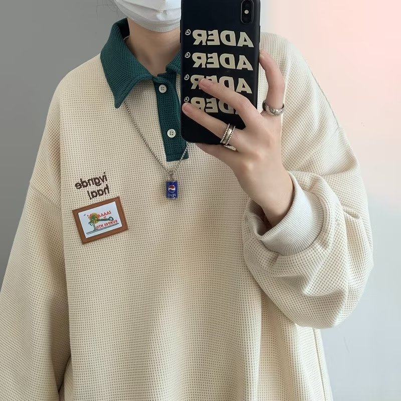 Suéter de los hombres waffle camisa polo otoño ins moda suelta japonés retro casual niños abrigo solapa