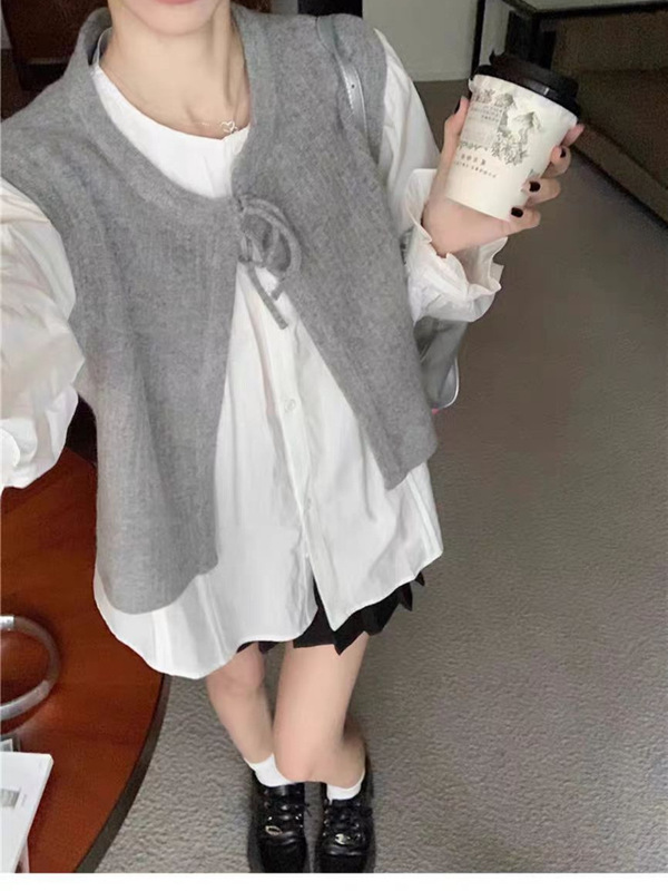 韩系复古宽松叠穿短款系带马甲开衫女秋冬洋气休闲外搭针织背心潮|undefined
