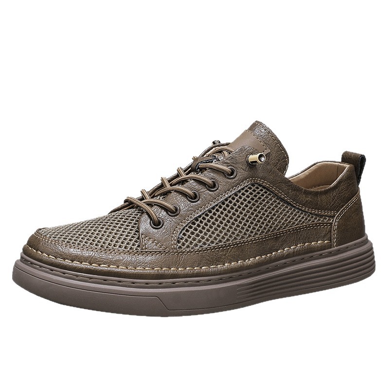 Zapatillas transpirables de malla de ojos grandes de cuero de microfibra de verano 2025 Versión coreana de zapatos negros de suela gruesa en vivo Zapatos de hombre Douyin Tide