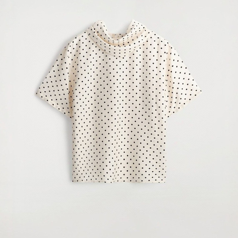 Cos Style Women's Clothing Mall Same Style Spring and Summer New Arrival Elegant Polka Dot Short-Sleeve Design Draped Collar Button-Back Shirt Cos Style Women's Clothing Mall Same Style Spring and Summer New Arrival Elegant Polka Dot Short-Sleeve Design Draped Collar Button-Back Shirt