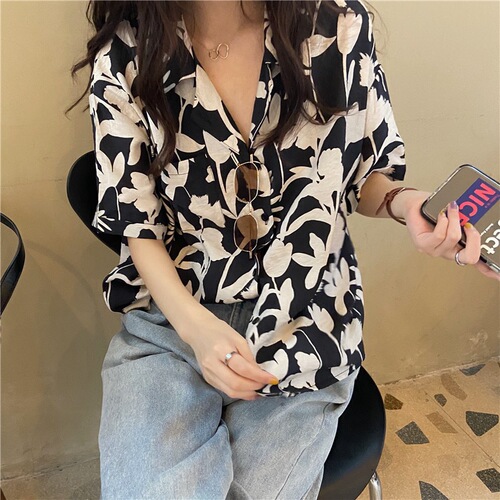 Vintage Camomile Print Women's Summer Hong Kong Style Chic Gentle Design Half-Sleeve Blouse Trendy