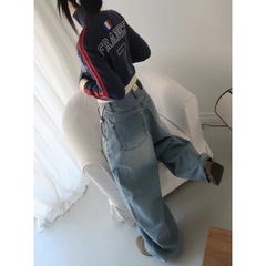 Fansiyu 2025 春夏新作ハイウエストスリムストレートデニムパイルパンツレディースルーズワイドレッグパンツ 10861