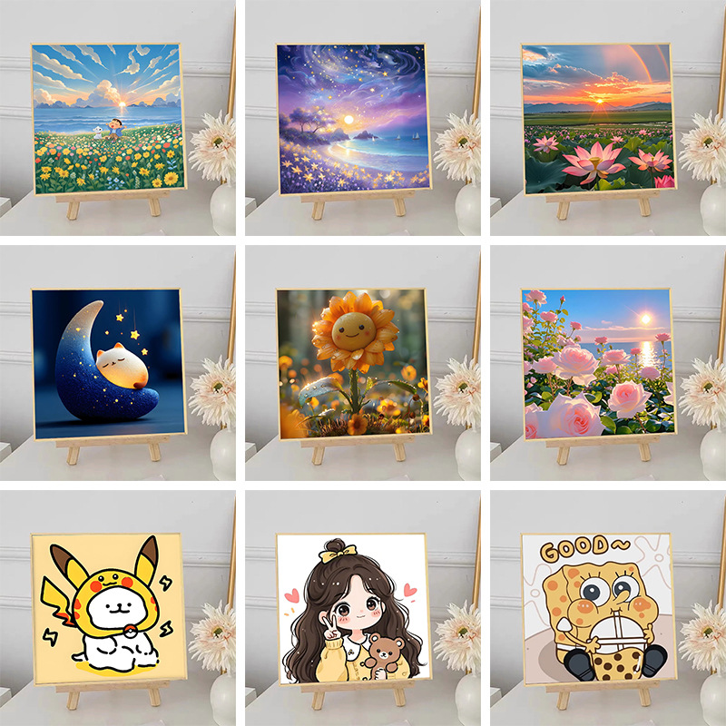 新款数字油画20*20风景画手工填充装饰画diy卡通治愈女孩挂画
