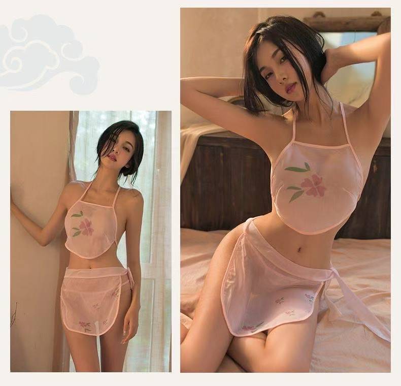 Classical Hanfu-Style Bellyband Lingerie Set, Sheer Pink Polyester, One Size — detail image 11